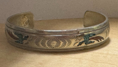 Navajo Bracelet Silver Inlaid Turquoise Cuff Signed NAKAI C.80's Peyote Birds