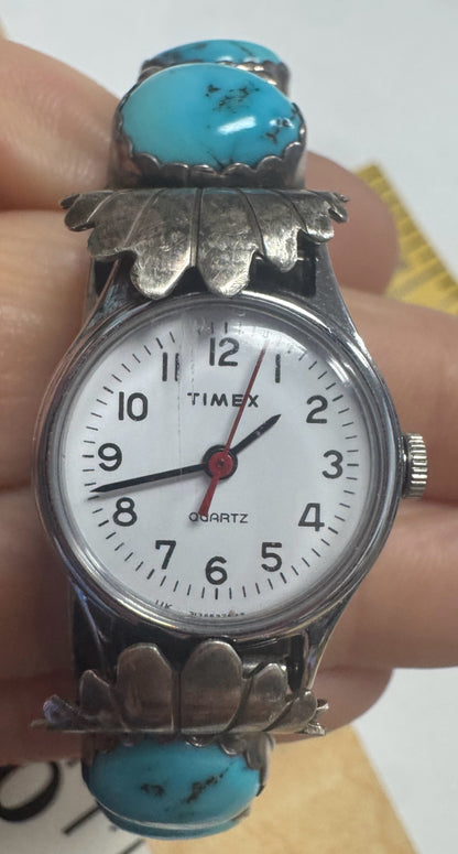Sterling Silver Turquoise Timex Cuff Watch w/ New Battery