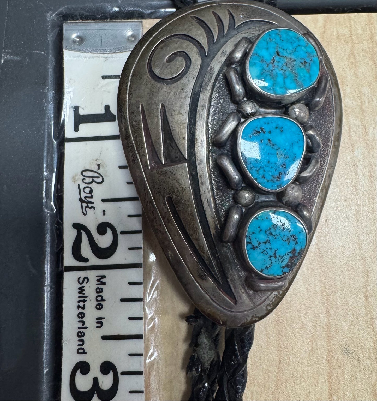 Bennett Pat Pend 2.5" x 1.5" Bolo Tie Turquoise Navajo Native American