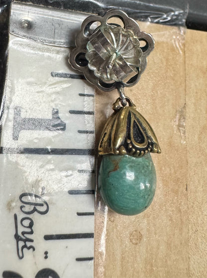 Carolyn Pollock Sterling Silver & Brass Green Turquoise 1.25" Dangle  Earrings