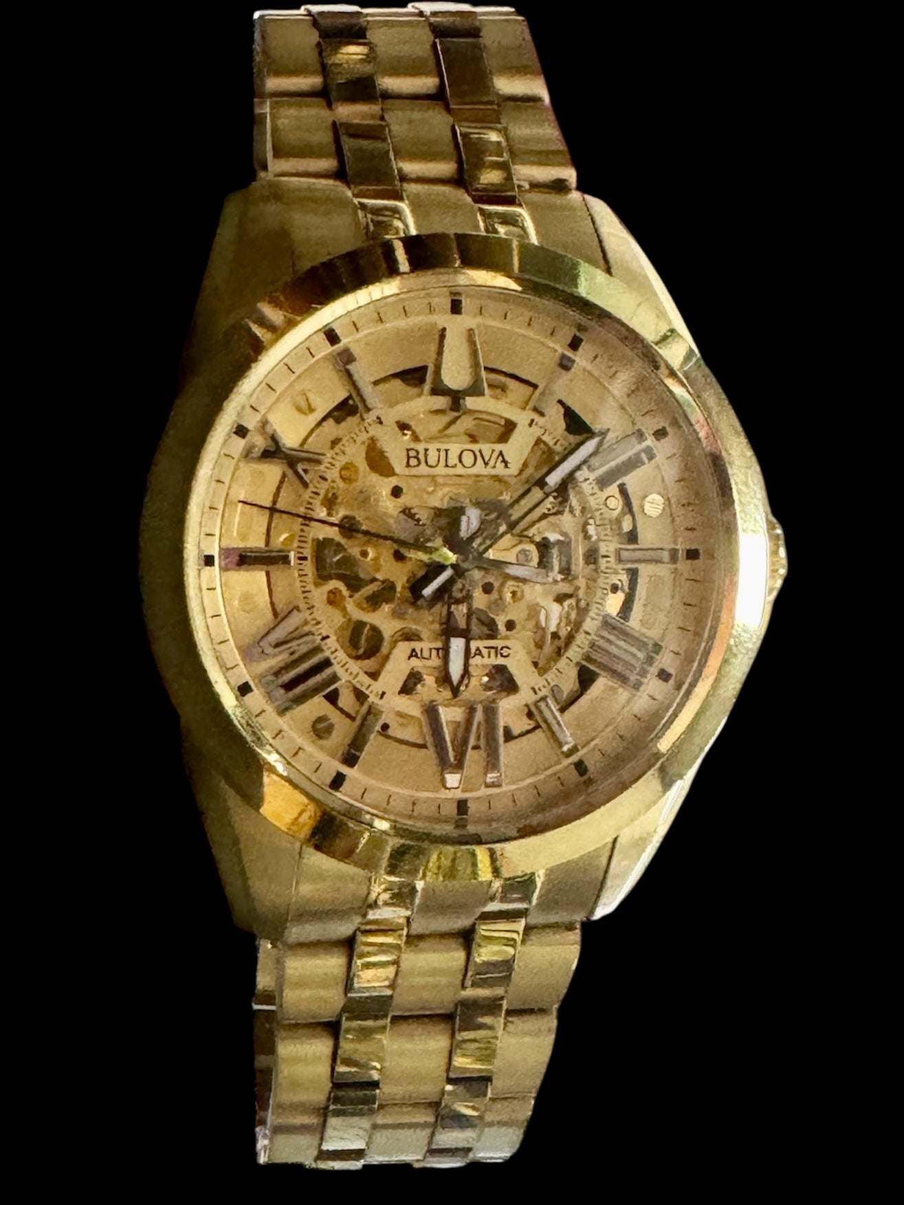 Bulova Sutton Automatic 97A162 Skeleton Dial Gold Tone Men's Watch