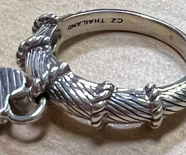 Judith Ripka Sterling Silver Diamonique Dangle Heart Charm Cable Ring Size 7.75