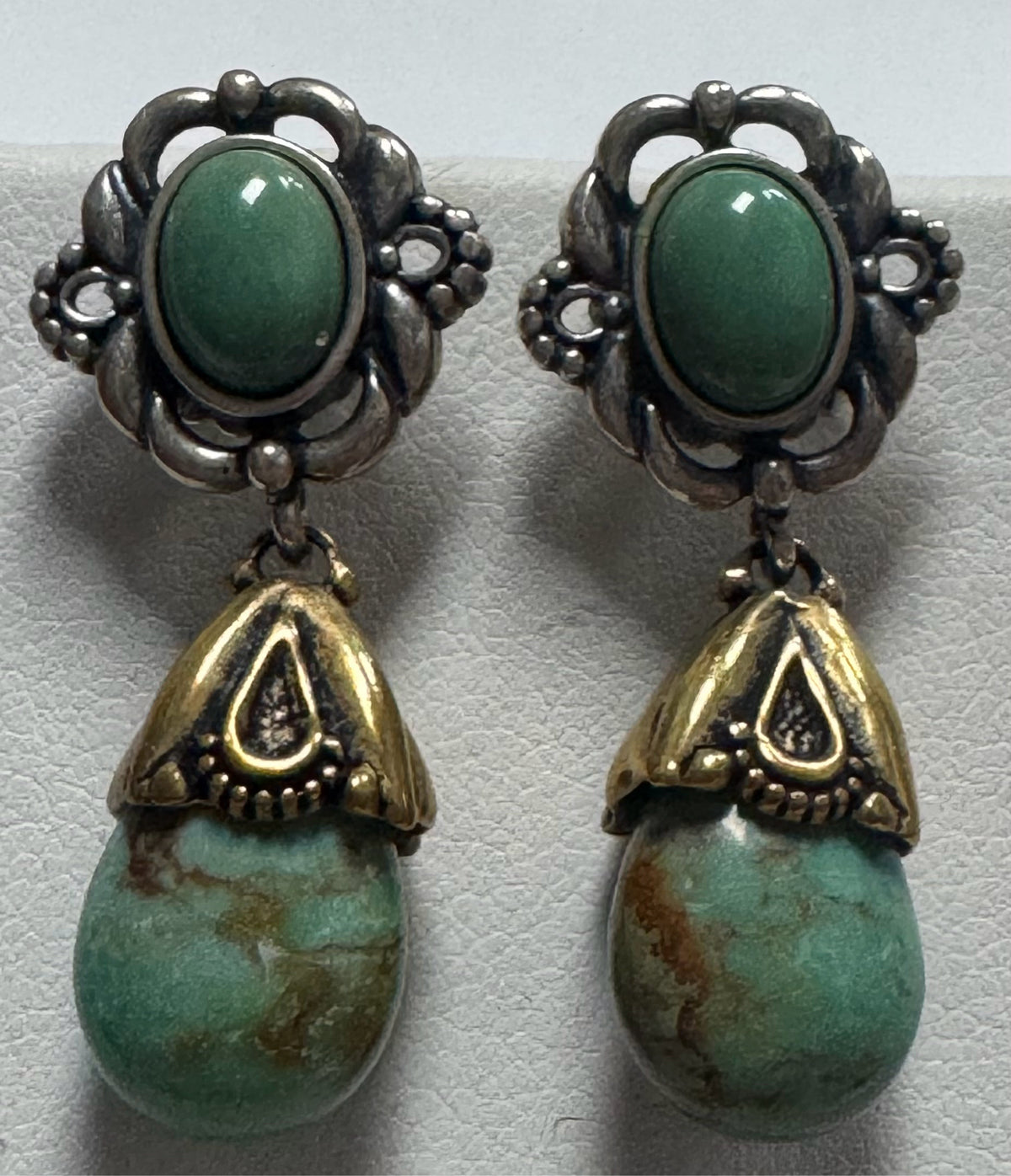 Carolyn Pollock Sterling Silver & Brass Green Turquoise 1.25" Dangle  Earrings