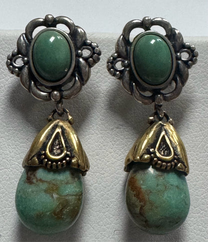 Carolyn Pollock Sterling Silver & Brass Green Turquoise 1.25" Dangle  Earrings