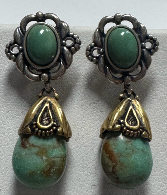 Carolyn Pollock Sterling Silver & Brass Green Turquoise 1.25" Dangle  Earrings