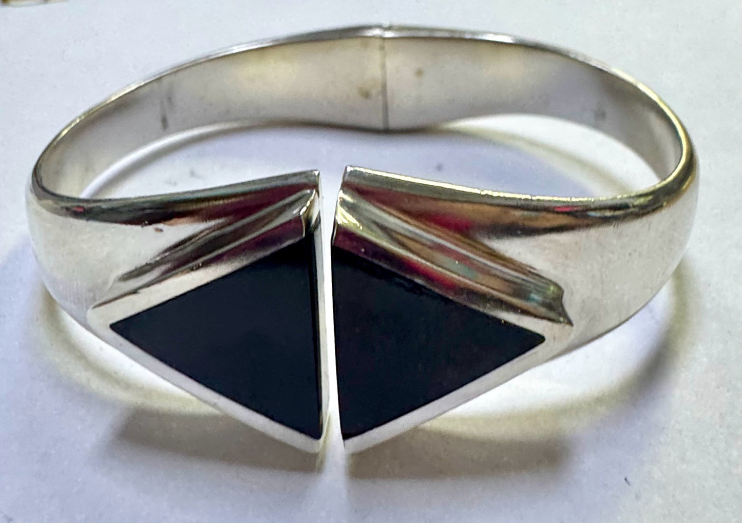 Taxco Sterling Silver Black Onyx Clamper Bangle Bracelet