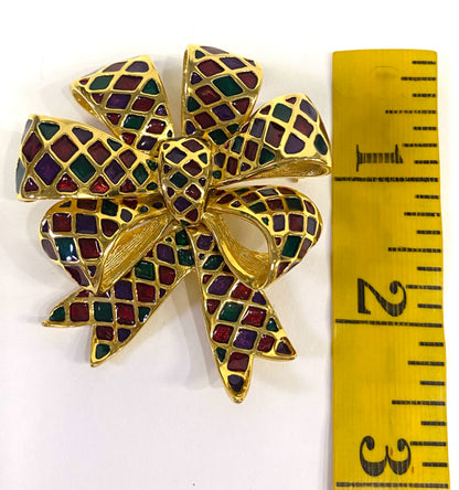 Joan Rivers Vintage Enameled Bow Red Green Purple Brooch Pin 2.21" x 1.96"