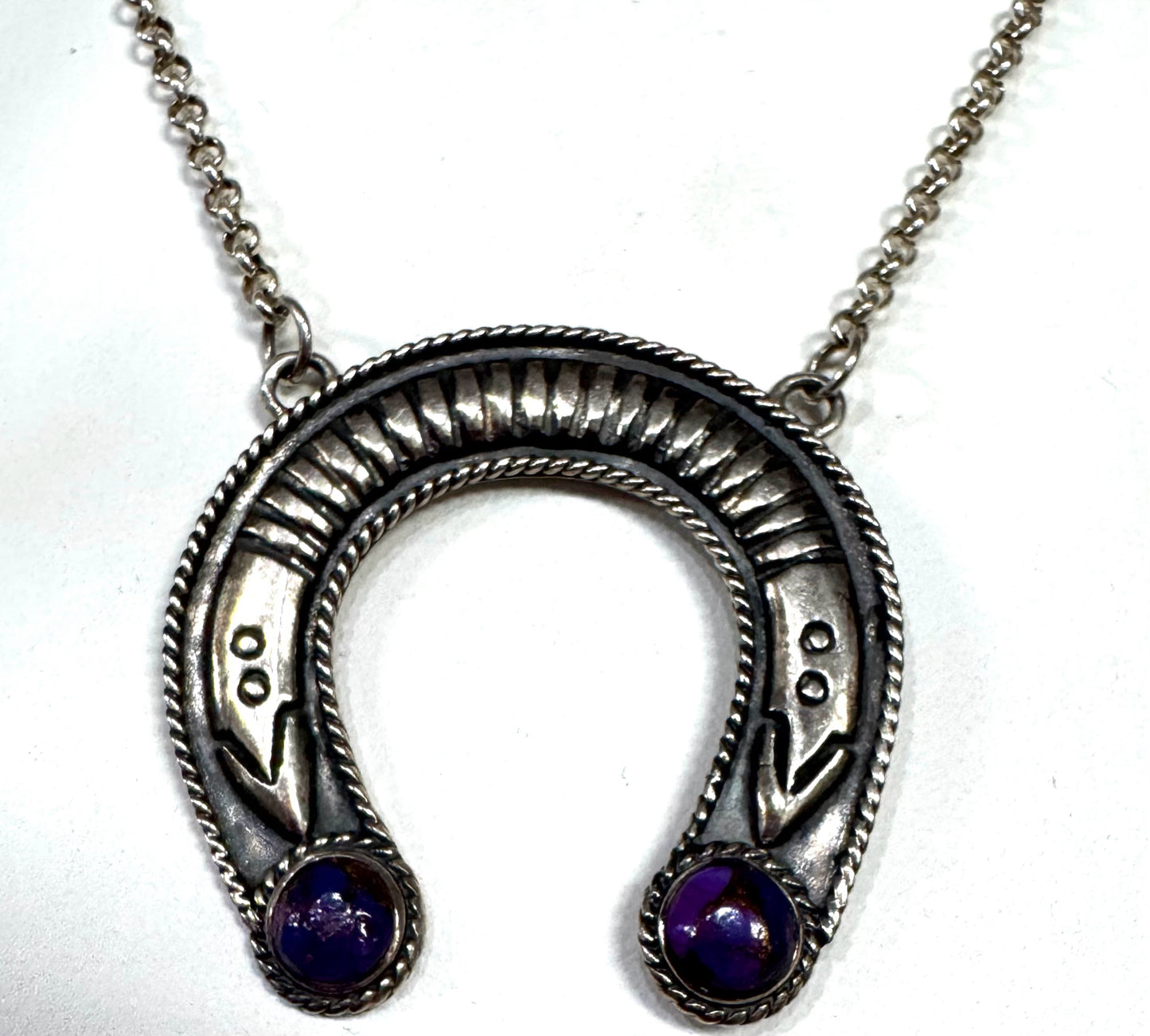 Sterling Silver 1.3" x 1.4" Horseshoe Necklace Adj 17"- 20" Purple Gemstones