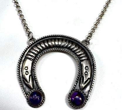 Sterling Silver 1.3" x 1.4" Horseshoe Necklace Adj 17"- 20" Purple Gemstones