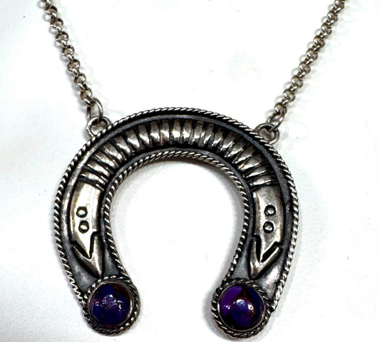 Sterling Silver 1.3" x 1.4" Horseshoe Necklace Adj 17"- 20" Purple Gemstones
