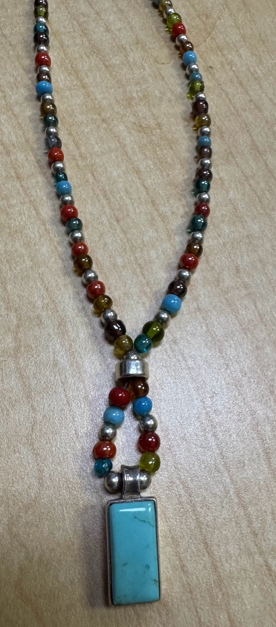 Ted Ott Sterling Silver 14.5" Choker Necklace Turquoise Pendant & Beads Toggle