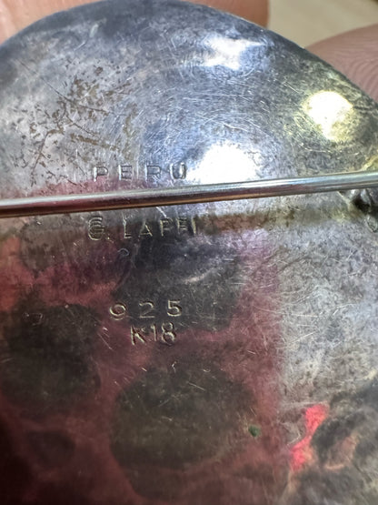 18k Yellow Gold & Sterling Silver Graziella Laffi Peru Aztec Brooch Pin