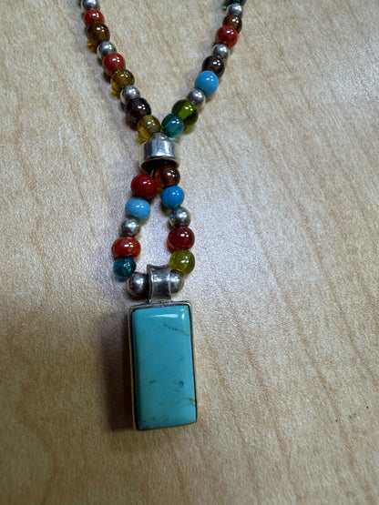 Ted Ott Sterling Silver 14.5" Choker Necklace Turquoise Pendant & Beads Toggle