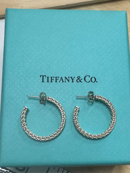 Tiffany & Co. Sterling Silver 1" Mesh Somerset Round Hoop Earrings w/ Box HTF