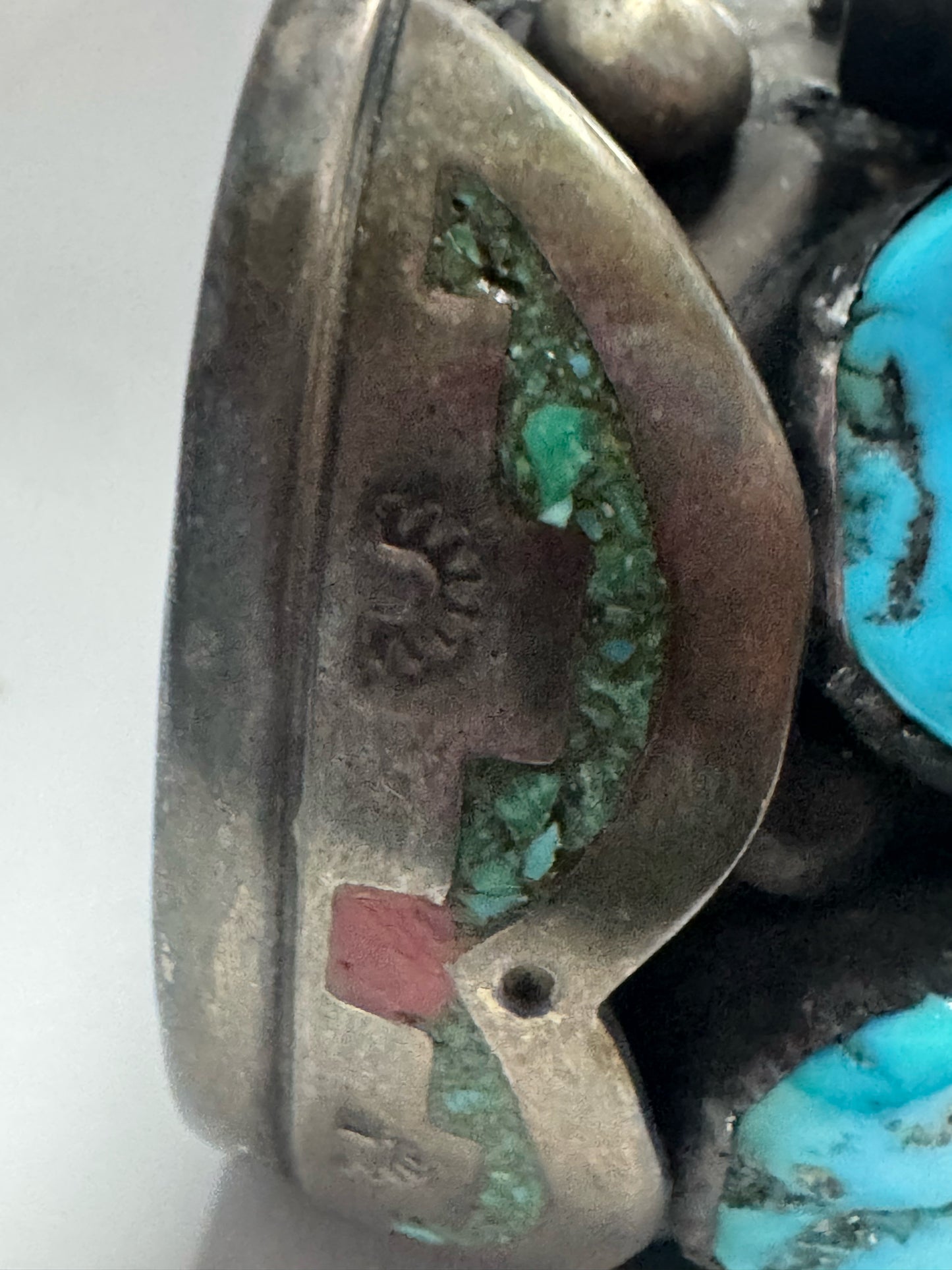William Singer Sterling Silver 2" Wide Coral & Turquoise Inlaid Watch Cuff 132g