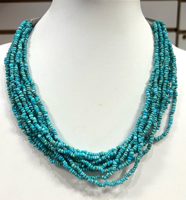 Carolyn Pollack Sterling Silver Beaded Turquoise 10 Strand Necklace Adj 17"-21”