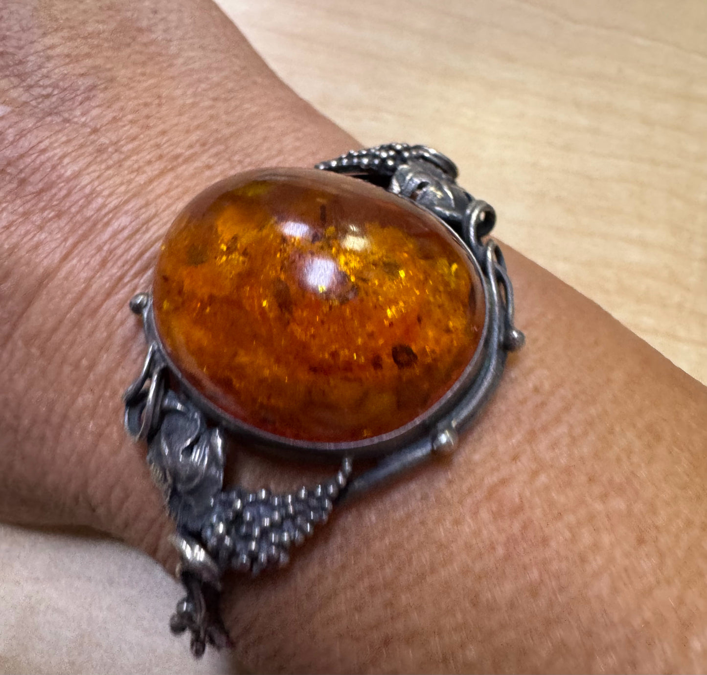 Vintage Sterling Silver Hinged Bangle 7" Bracelet Natural Baltic 1.28" Amber