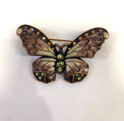 JOAN RIVERS Butterfly Brooch Rhinestone Enamel & Pearl Art Nouveau Styled Signed