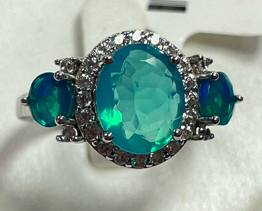 Sterling Silver Paraiba Blue Ethiopian Opal 1.60 ctw White Zircon JTV Size 8 New