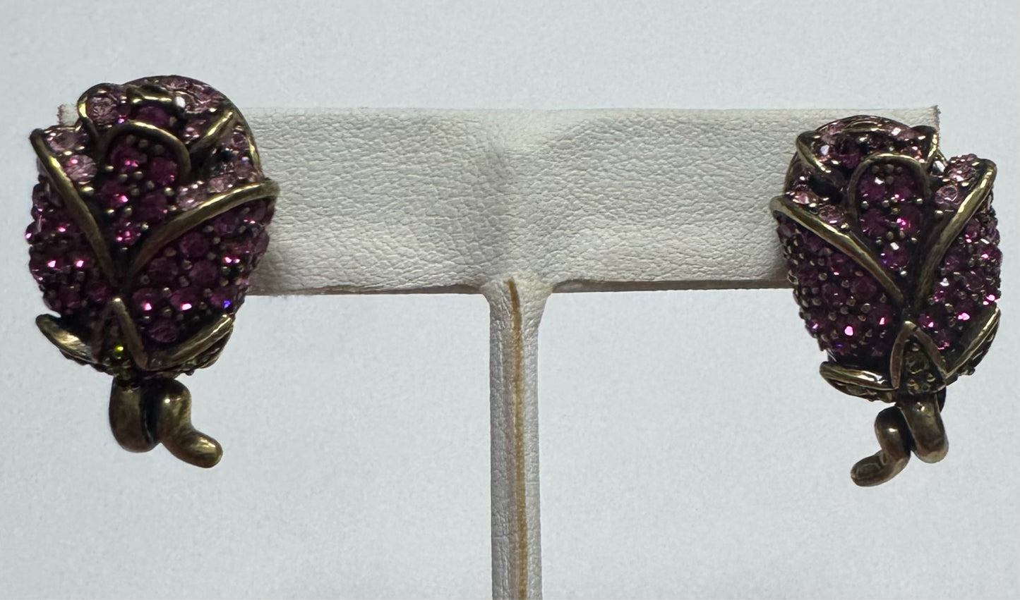 Heidi Daus (signed) Climbing Rose Crystal Clip-On Earrings Pink / Green Floral