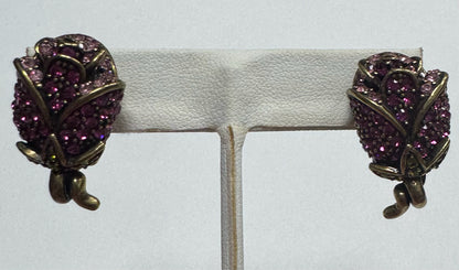 Heidi Daus (signed) Climbing Rose Crystal Clip-On Earrings Pink / Green Floral