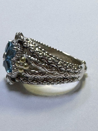 Barbara Bixby 18k Yellow Gold & Sterling Silver Blue Topaz Ring Size 10