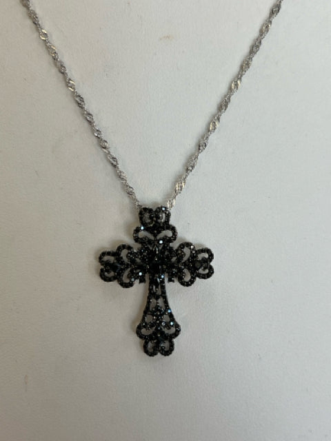 Sterling Silver Black Spinel Cross Pendant & Necklace Chain New JTV