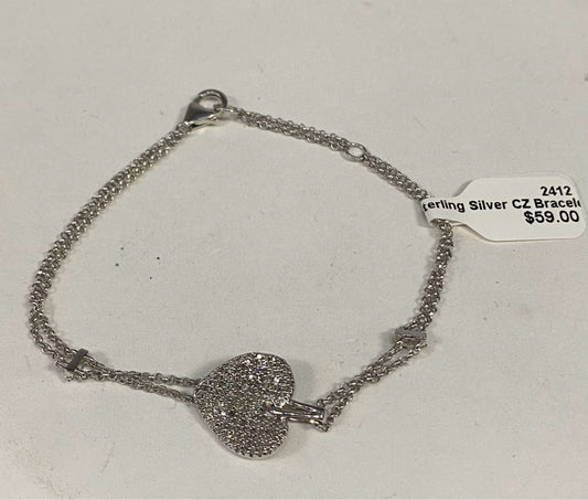 Sterling Silver Heart CZ Bracelet 7.5" -8"