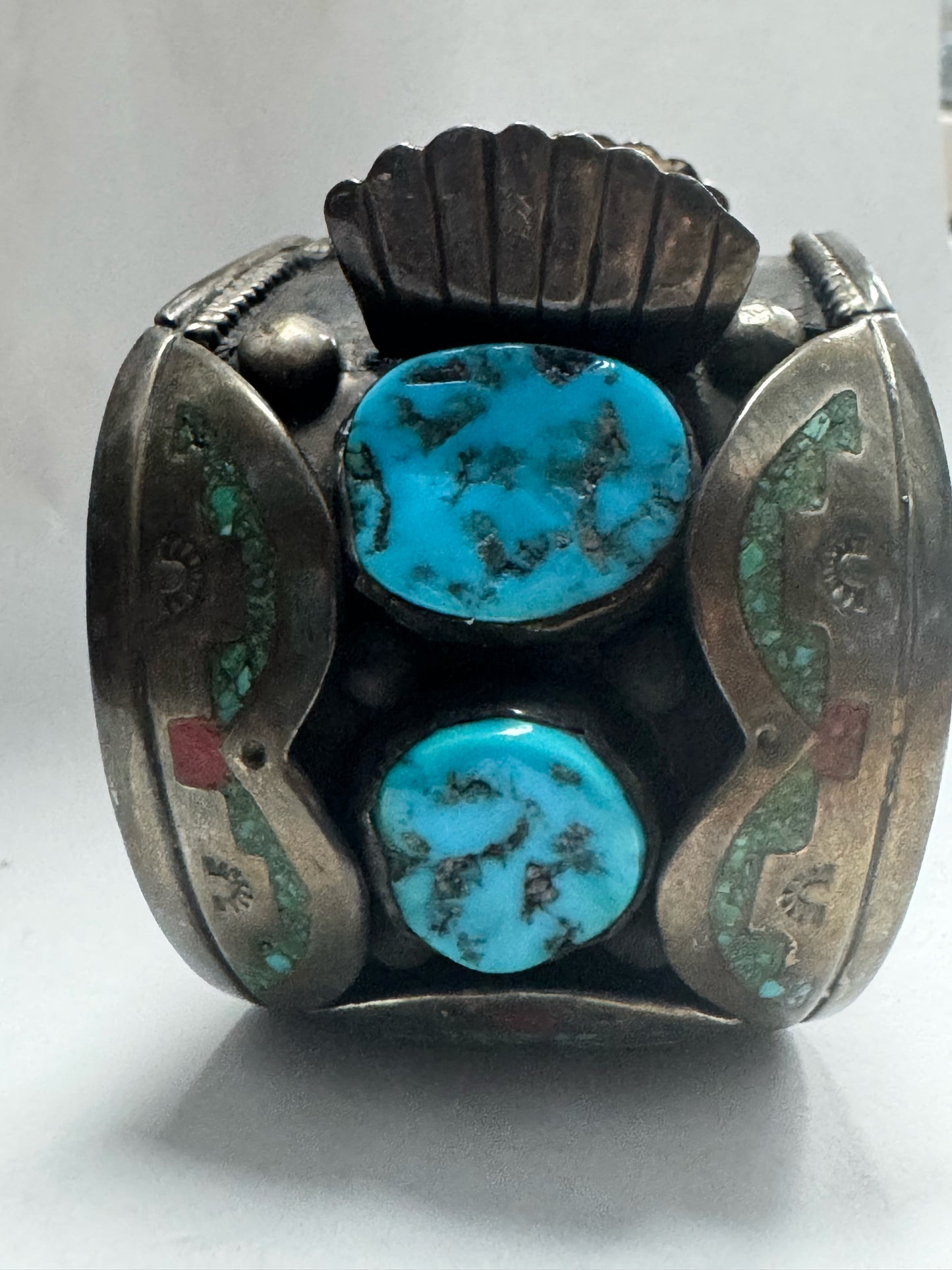 William Singer Sterling Silver 2" Wide Coral & Turquoise Inlaid Watch Cuff 132g