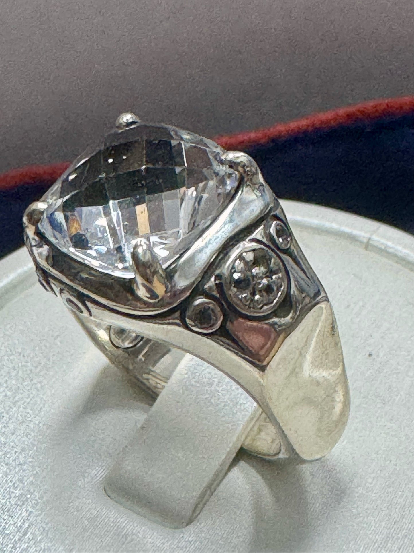 John Hardy Sterling Silver White Topaz Cushion Cut Bamboo Batu Ring Size 7