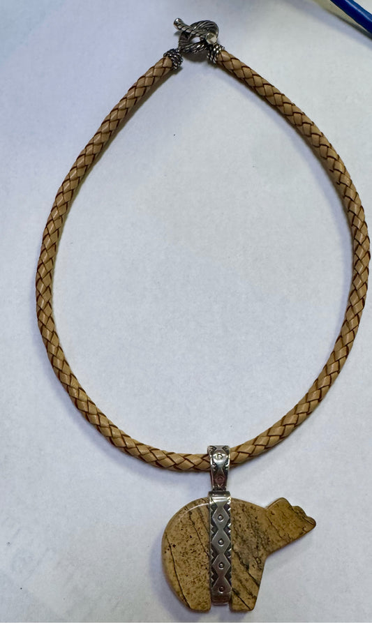 Carolyn Pollack Relios Sterling Silver Braid  Necklace Brown Jasper Bear Pendant