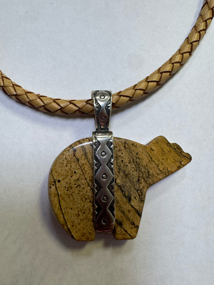 Carolyn Pollack Relios Sterling Silver Braid  Necklace Brown Jasper Bear Pendant