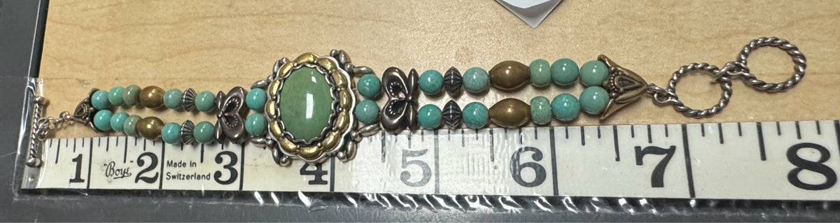 Carolyn Pollock Sterling Silver & Brass Green Turquoise Bracelet 7.5" - 8"