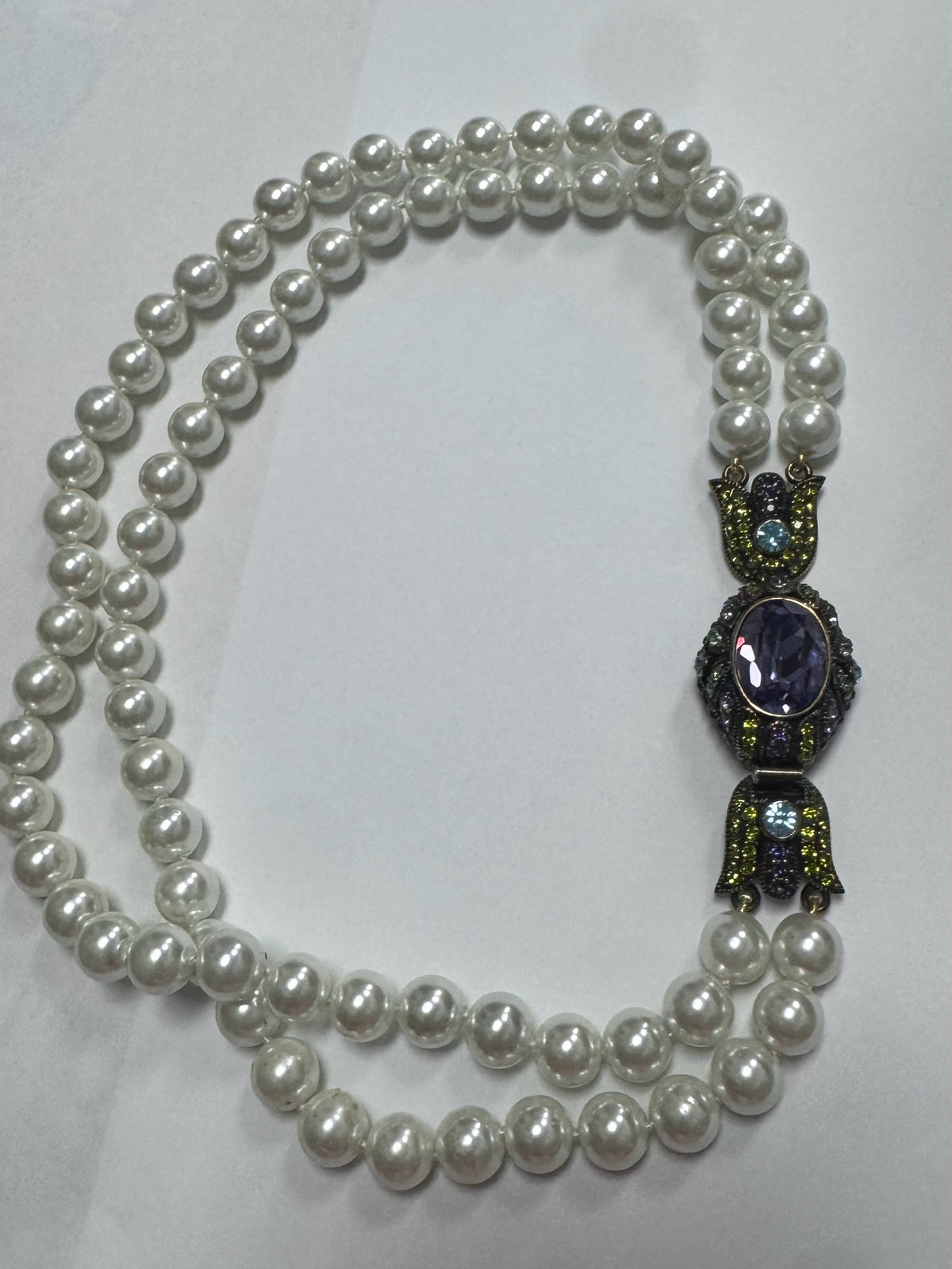 Heidi Daus 18" Necklace Double Faux Pearl Strand Purple Green Stones