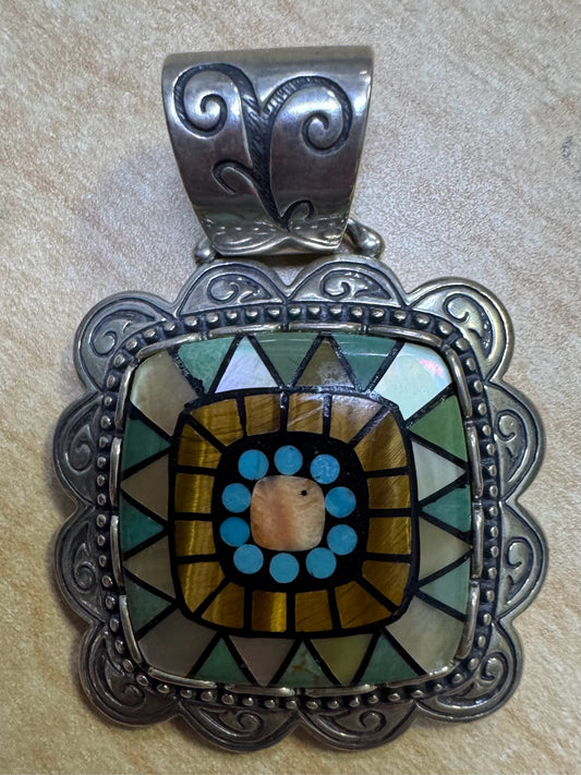 Carolyn Pollack Relios Sterling Silver Multi Stone Inlaid Pendant 2" x 1.5"