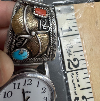 Sterling Silver & Gold Filled Watch Tips Turquoise & Coral Timex Watch