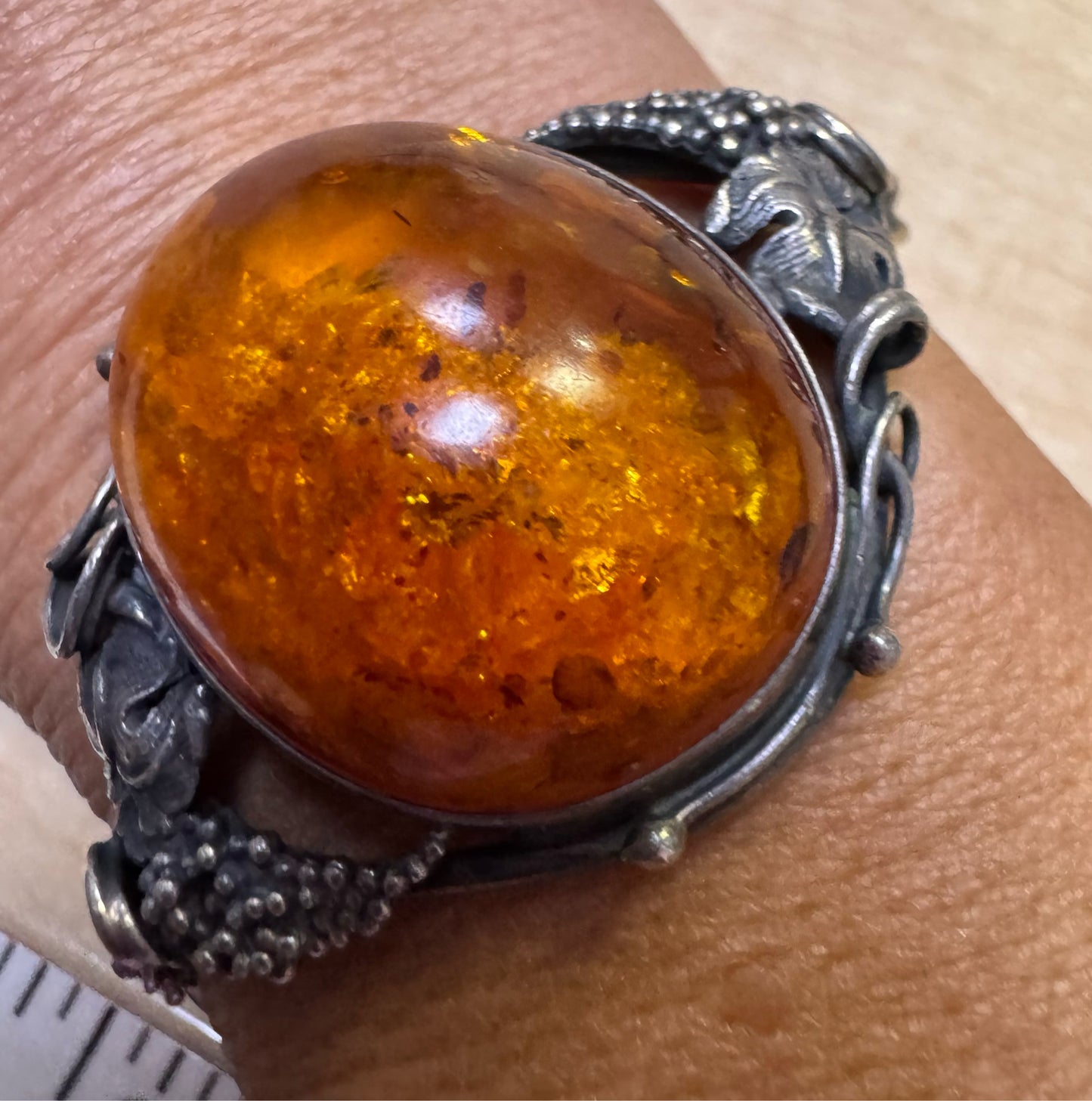 Vintage Sterling Silver Hinged Bangle 7" Bracelet Natural Baltic 1.28" Amber