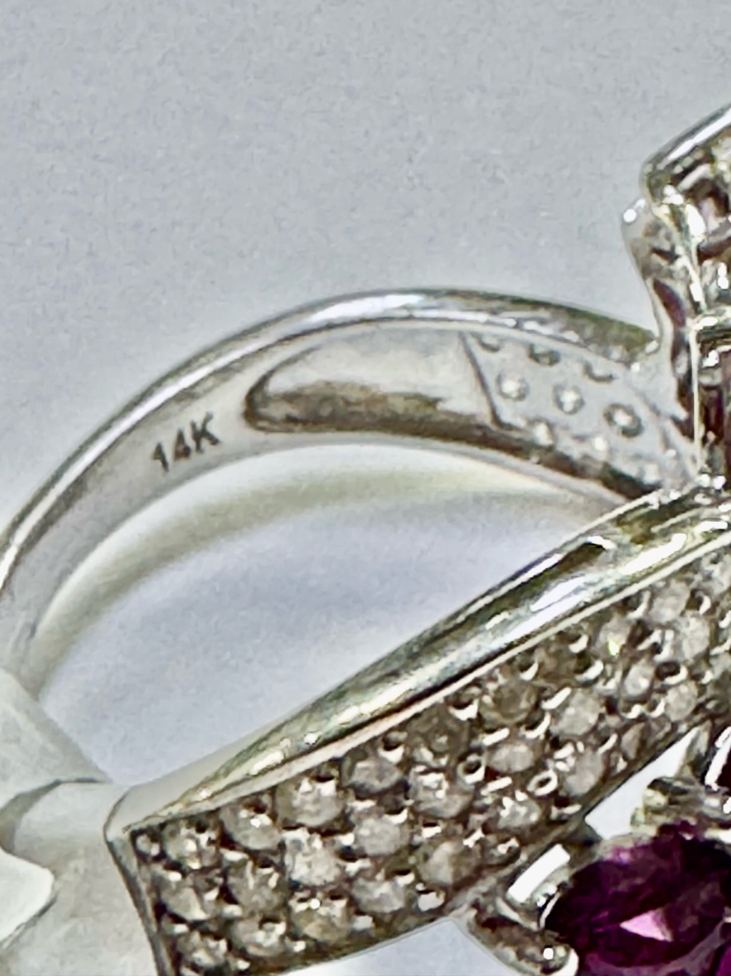 14k White Gold Marquise Rhodolite Grape Garnet Dimaond Ring Size 8