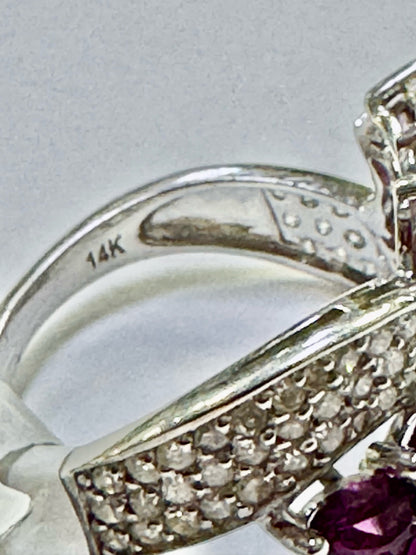 14k White Gold Marquise Rhodolite Grape Garnet Dimaond Ring Size 8