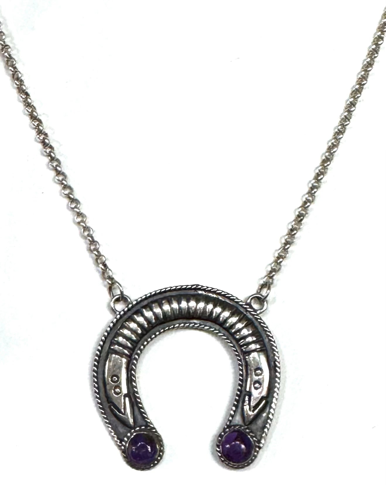 Sterling Silver 1.3" x 1.4" Horseshoe Necklace Adj 17"- 20" Purple Gemstones