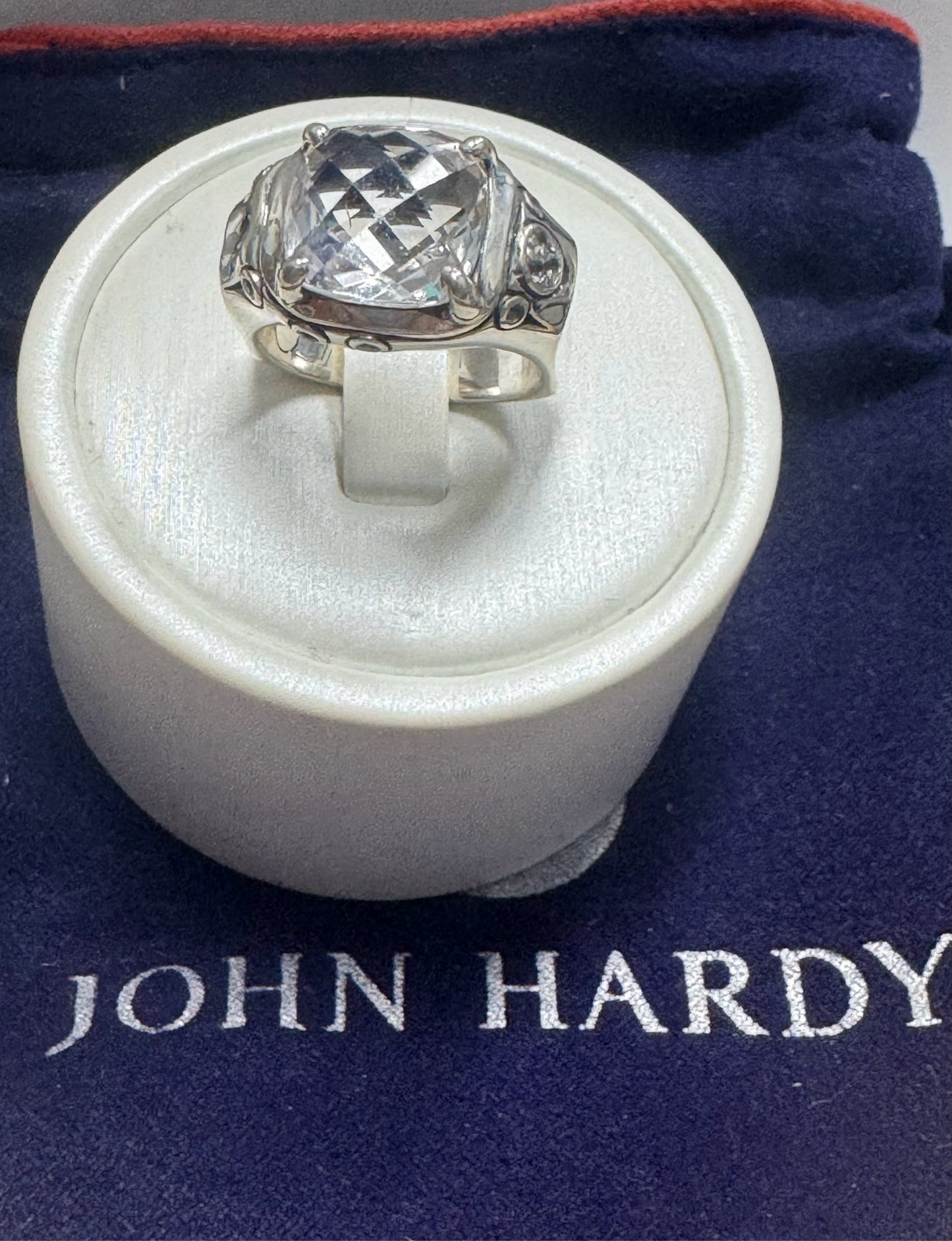 John Hardy Sterling Silver White Topaz Cushion Cut Bamboo Batu Ring Size 7