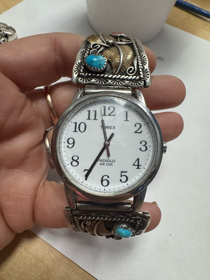 Sterling Silver & Gold Filled Watch Tips Turquoise & Coral Timex Watch