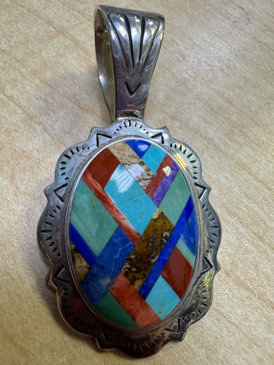 Vintage Navajo Sterling SHUBE 2.5" Pendant Multi-stone Mosaic Inlay Bail 23g