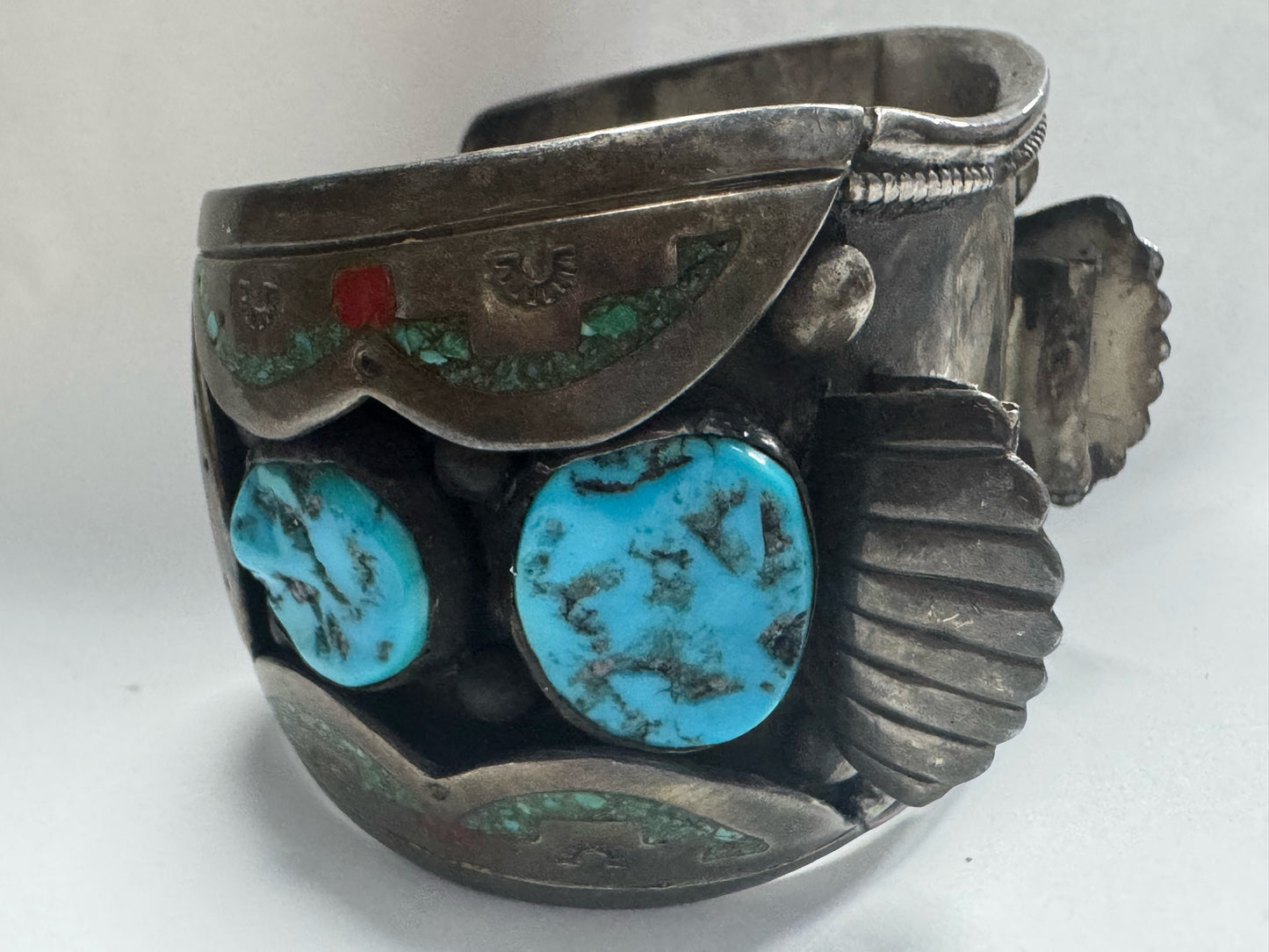 William Singer Sterling Silver 2" Wide Coral & Turquoise Inlaid Watch Cuff 132g