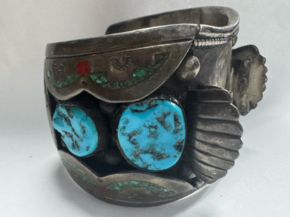 William Singer Sterling Silver 2" Wide Coral & Turquoise Inlaid Watch Cuff 132g