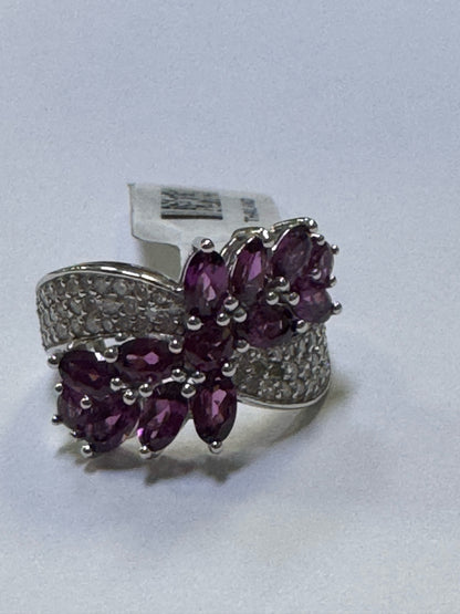 14k White Gold Marquise Rhodolite Grape Garnet Dimaond Ring Size 8