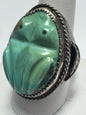 Vintage Native American Sterling Silver Heavy 35g Carve Turquoise Ring Size 9.75