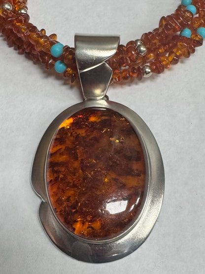 Jay King Mine Finds Sterling Silver Amber Turquoise Bead Necklace 2.75" Pendant