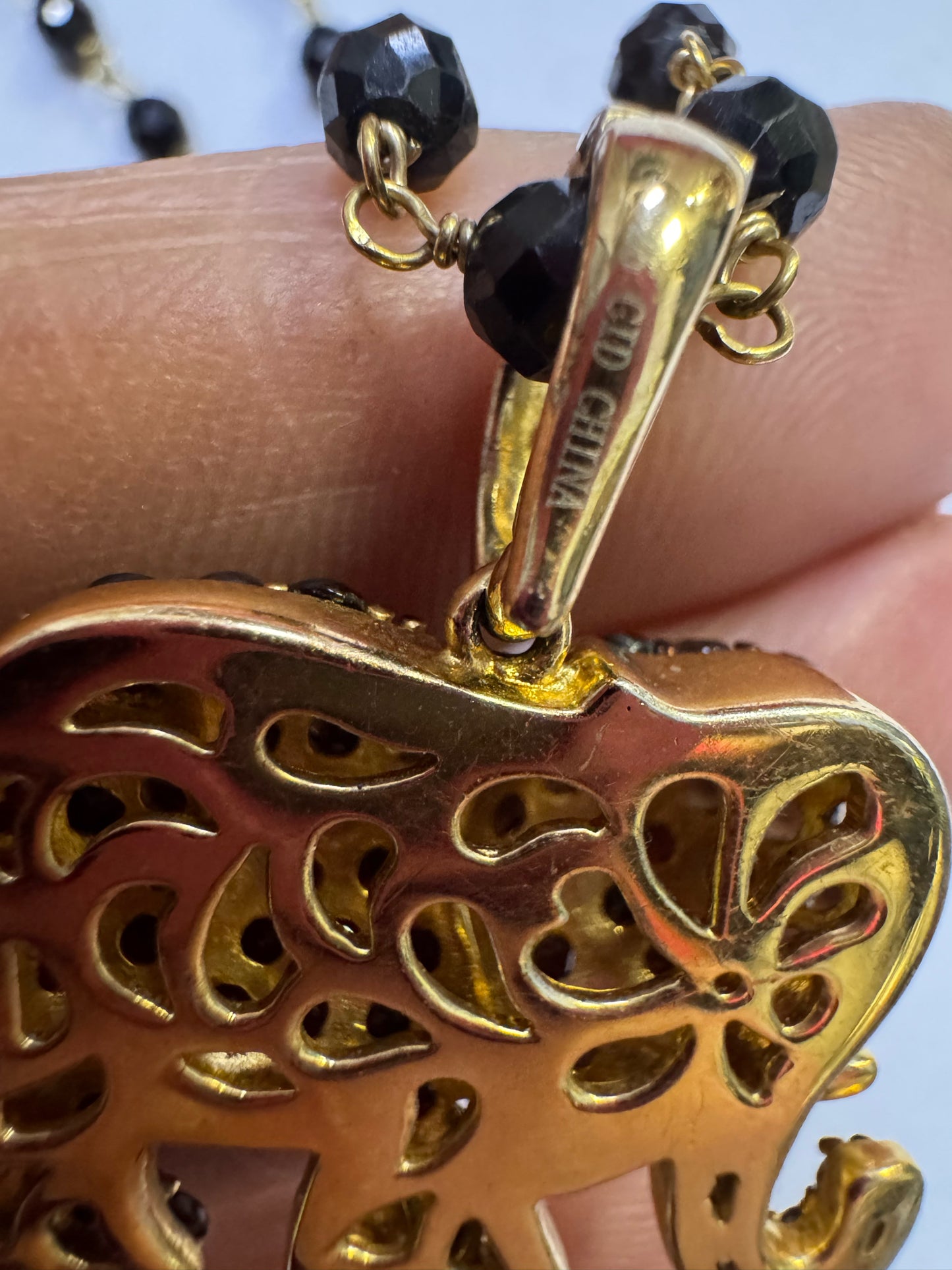 Clyde Duneier Gold Over Sterling Elephant Pendant & Onyx Beaded Chain