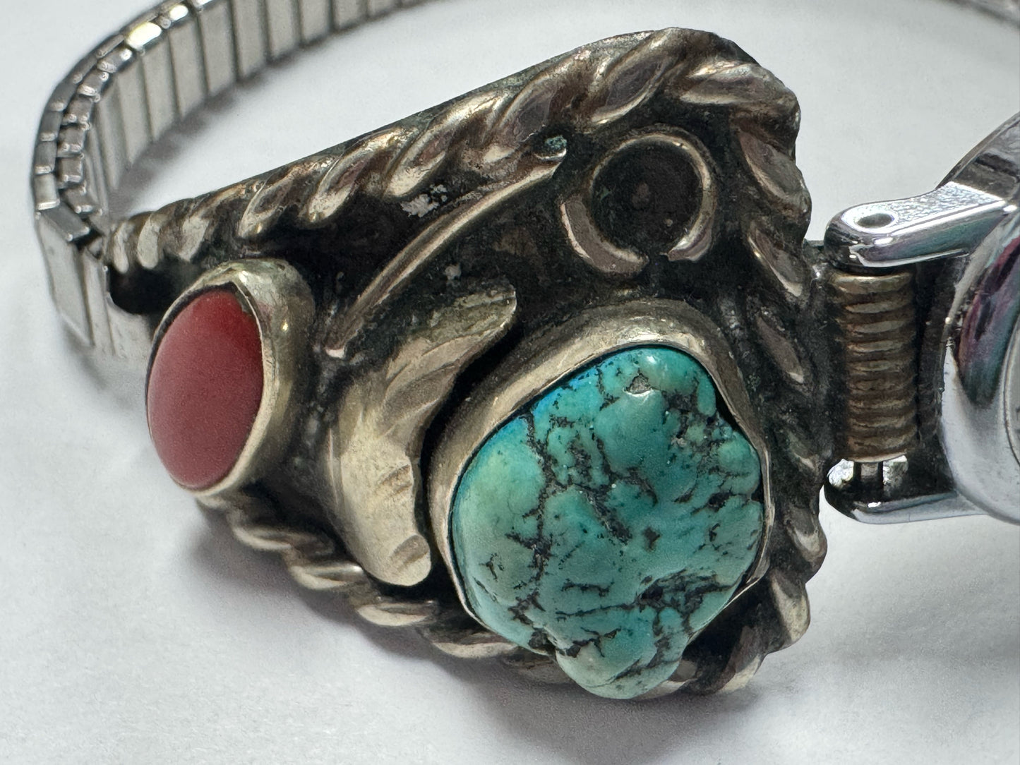 Sterling Silver Watch Tips Turquoise & Coral Made in Mexico Timex Watch
